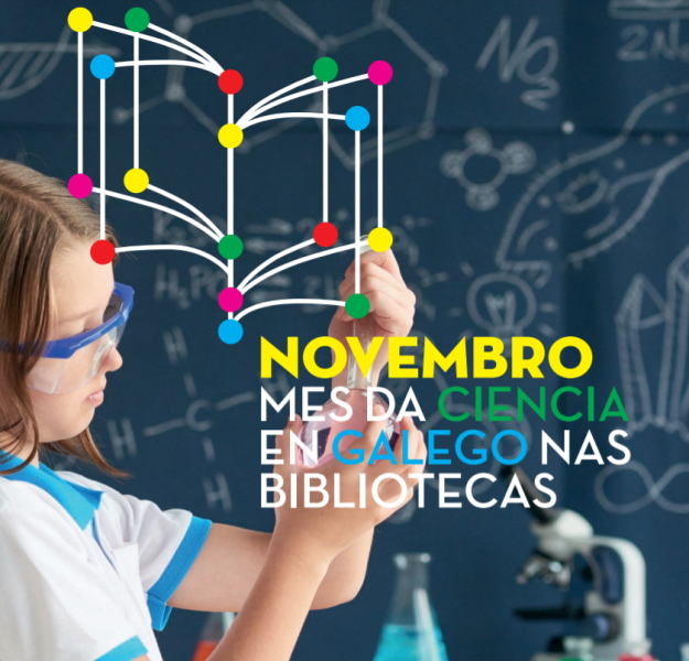 Cartel do Mes da Ciencia en Galego nas Bibliotecas
